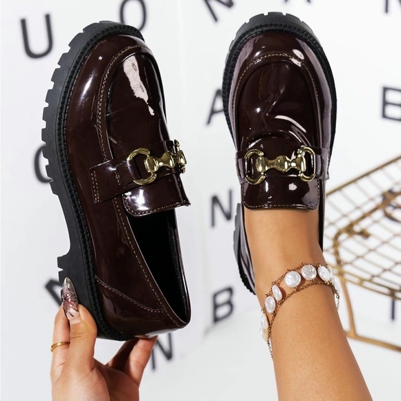 Brown and Gold Loafers with Modern Platform Sole - Picture 1 of 11